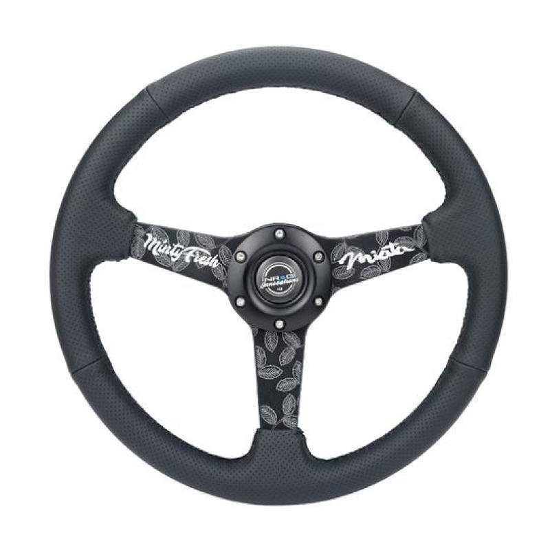 NRG Sport Steering Wheel (350mm/ 1.5in. Deep) Black Etched Spokes/ Black Leather w/ Black Stitch