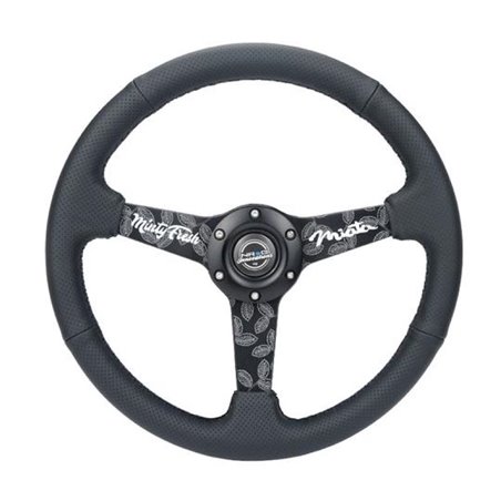 NRG Sport Steering Wheel (350mm/ 1.5in. Deep) Black Etched Spokes/ Black Leather w/ Black Stitch