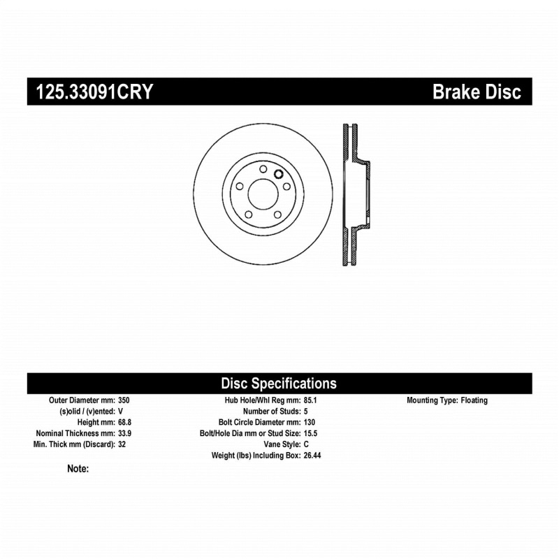 Centric Premium 03-18 Porsche Cayenne Front Right CRYO-STOP Rotor