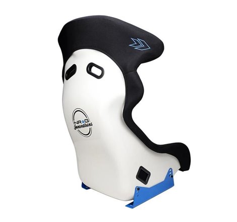 NRG FRP Bucket Seat - White Finish with Arrow Embroidery And Blue Side Mount Bracket