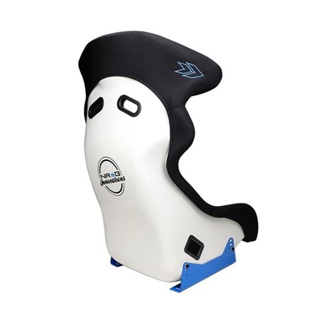 NRG FRP Bucket Seat - White Finish with Arrow Embroidery And Blue Side Mount Bracket