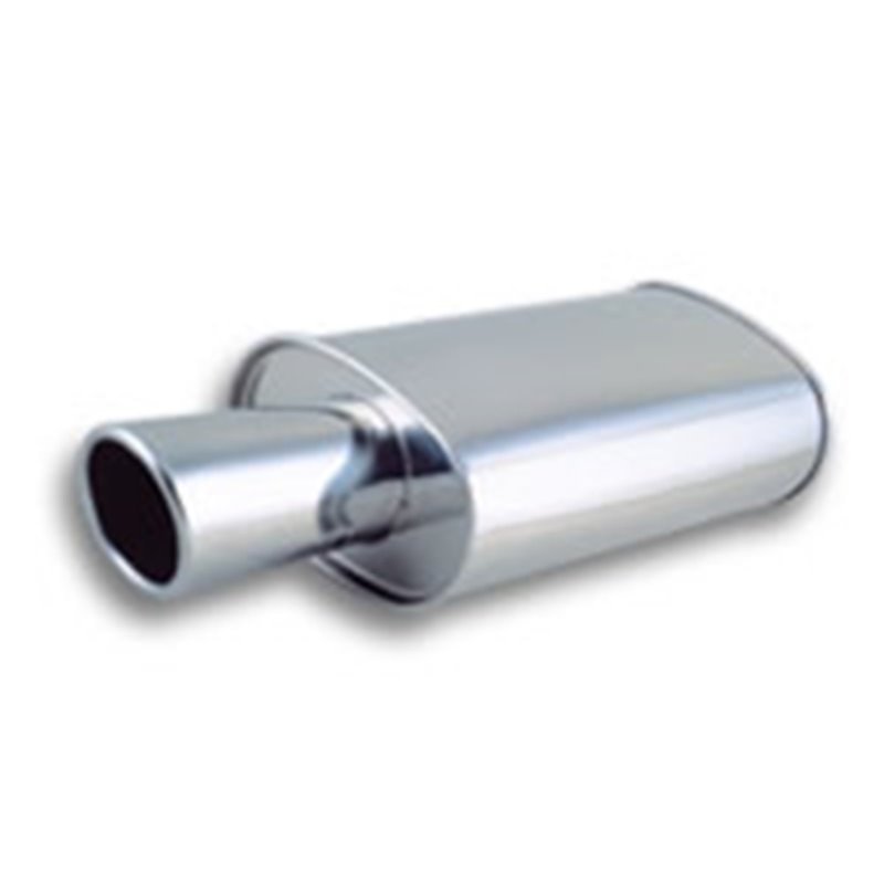 Vibrant StreetPower Turbo Oval Muffler with 4in Round Tip Angle Cut Rolled Edge - 3in inlet I.D.