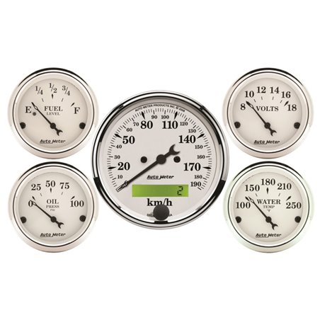 Autometer Old Tyme White 5 Pc Kit-Elec Speed(Km/H)/Elec Oil Press/Water Temp/Volt/Fuel Level