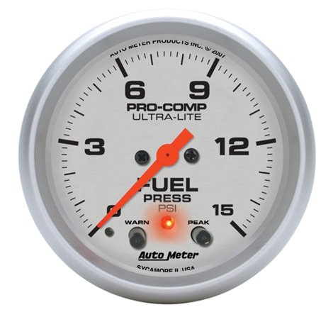 Autometer Ultra-Lite 66.7mm Full Sweep Elec 0-15 PSI Fuel Pressure w/ Peak Memory & Warning Gauge