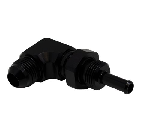 DeatschWerks 8AN Male Flare to 5/16in Male Barb Bulkhead Adapter 90-Degree - Anodized Matte Black