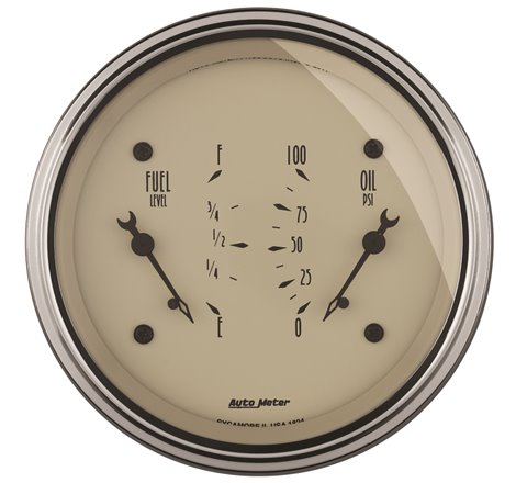 AutoMeter Gauge Dual Fuel & Oilp 3-3/8in. 0 Ohm(e) to 90 Ohm(f)& 100PSI Elec Antq Beige