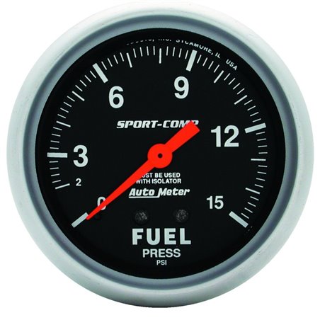 AutoMeter Gauge Fuel Pressure 2-5/8in. 15PSI Mechanical W/Isolator Sport-Comp