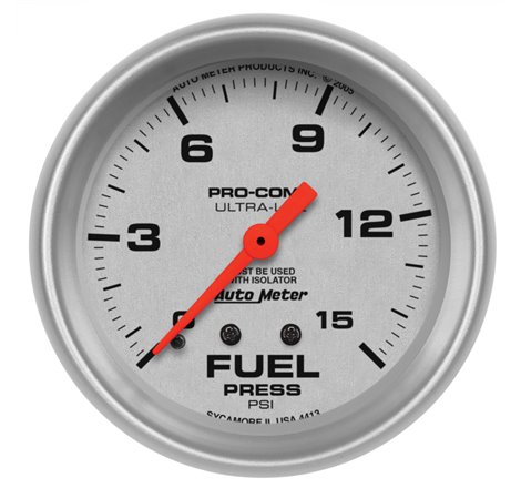 AutoMeter Gauge Fuel Pressure 2-5/8in. 15PSI Mechanical W/Isolator Ultra-Lite