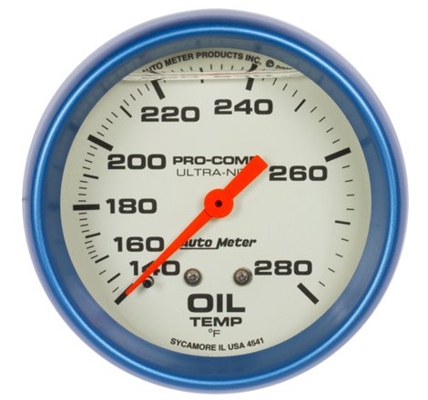 AutoMeter Gauge Oil Temp 2-5/8in. 140-280 Deg. F Liquid Filled Mech Glow In Dark Ultra-Nite