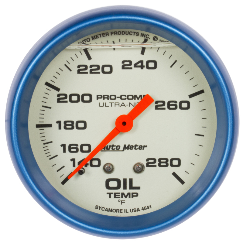 AutoMeter Gauge Oil Temp 2-5/8in. 140-280 Deg. F Liquid Filled Mech Glow In Dark Ultra-Nite