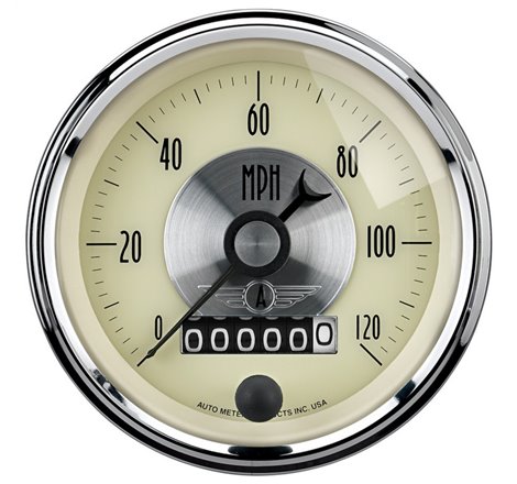 AutoMeter Gauge Speedo 3-3/8in. 120MPH Elec. Program W/Wheel Odo Prestige Antq. Ivory