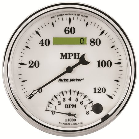 AutoMeter Gauge Tach/Speedo 5in. 120MPH & 8K RPM Elec. Program Old Tyme White II