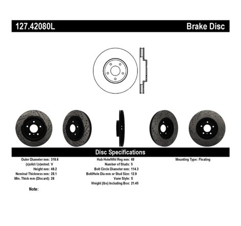 StopTech 06-07 350Z / 05-07 G35 exp Sport/ 06-07 G35X SportStop Slotted & Drilled Front Left Rotor