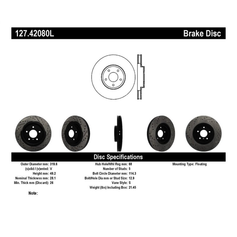 StopTech 06-07 350Z / 05-07 G35 exp Sport/ 06-07 G35X SportStop Slotted & Drilled Front Left Rotor