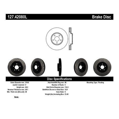 StopTech 06-07 350Z / 05-07 G35 exp Sport/ 06-07 G35X SportStop Slotted & Drilled Front Left Rotor