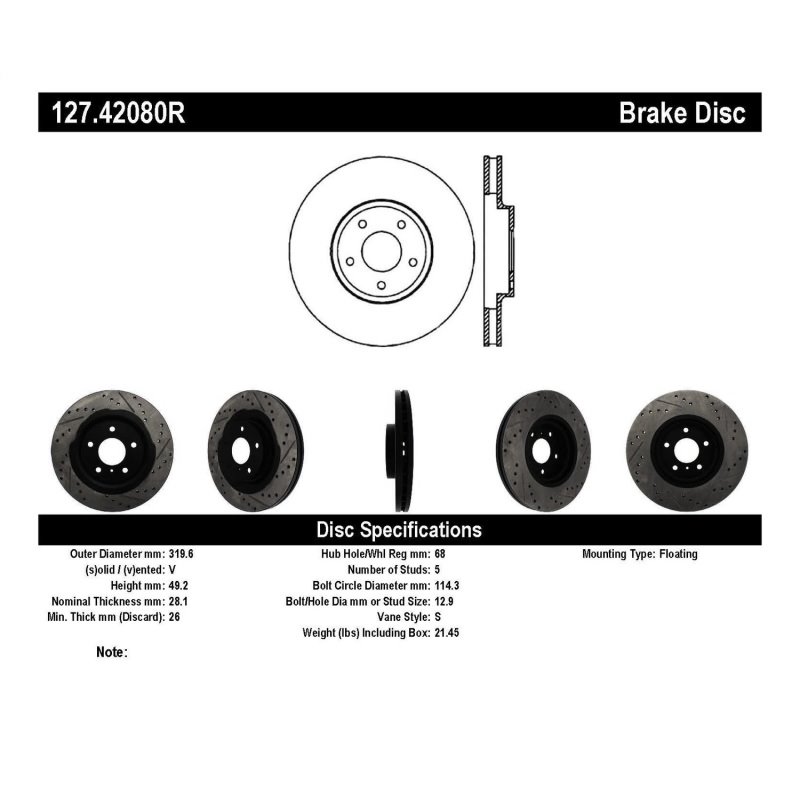 StopTech 06-07 350Z / 05-07 G35 exp Sport/ 06-07 G35X SportStop Slotted & Drilled Front Right Rotor