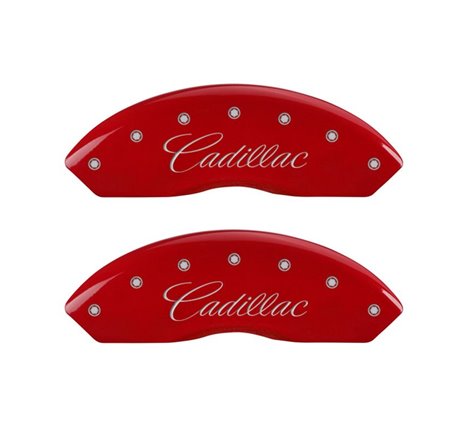 MGP 4 Caliper Covers Engraved Front Cursive/Cadillac Engraved Rear CTS4 Red finish silver ch