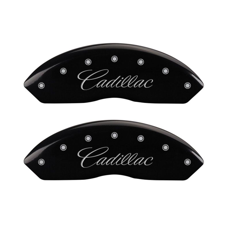 MGP 4 Caliper Covers Engraved Front Cursive/Cadillac Engraved Rear CTS Black finish silver ch