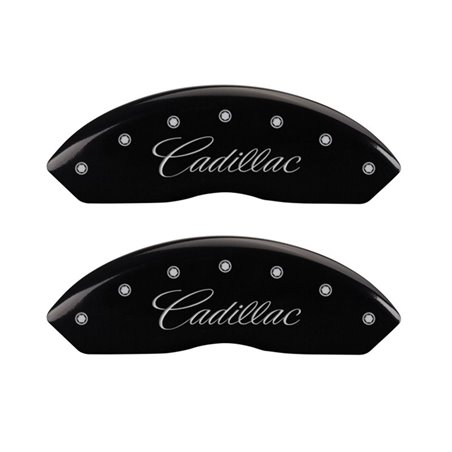 MGP 4 Caliper Covers Engraved Front Cursive/Cadillac Engraved Rear SRX Black finish silver ch