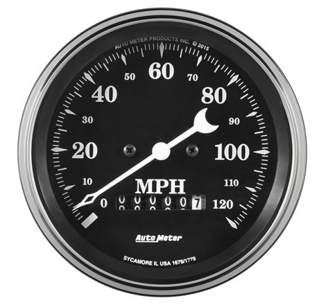 Auto Meter Gauge Speedo. 3 3/8in 120mph Elec. Prog. w/ Wheel Odo Old Tyme Black