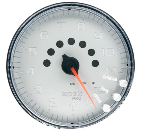 Autometer Spek-Pro Gauge Tachometer 5in 11K Rpm W/Shift Light & Peak Mem Silver/Chrome