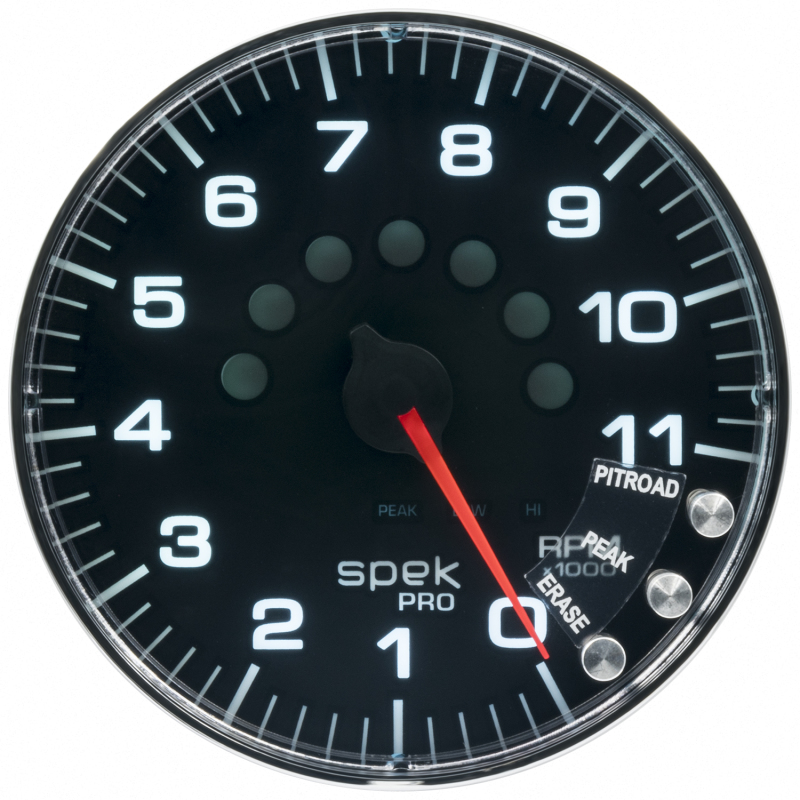 Autometer Spek-Pro Gauge Tachometer 5in 11K Rpm W/Shift Light & Peak Mem Black/Chrome