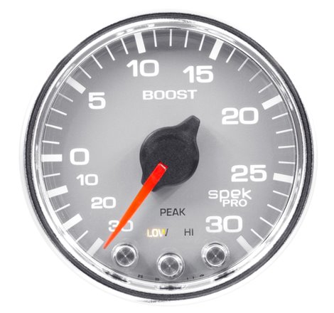 Autometer Spek-Pro Gauge Vac/Boost 2 1/16in 30Inhg-30psi Stepper Motor W/Peak & WarnSilver/Chrome