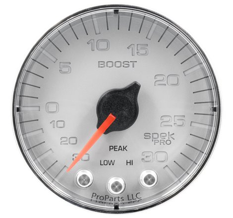 Autometer Spek-Pro Gauge Vac/Boost 2 1/16in 30Inhg-30psi Stepper Motor W/Peak & WarnSilver/Chrome