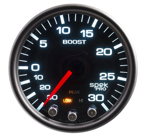 Autometer Spek-Pro Gauge Vac/Boost 2 1/16in 30Inhg-30psi Stepper Motor Peak & Warn Black/Smoke/Black