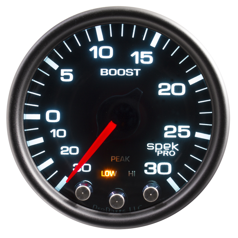 Autometer Spek-Pro Gauge Vac/Boost 2 1/16in 30Inhg-30psi Stepper Motor Peak & Warn Black/Smoke/Black