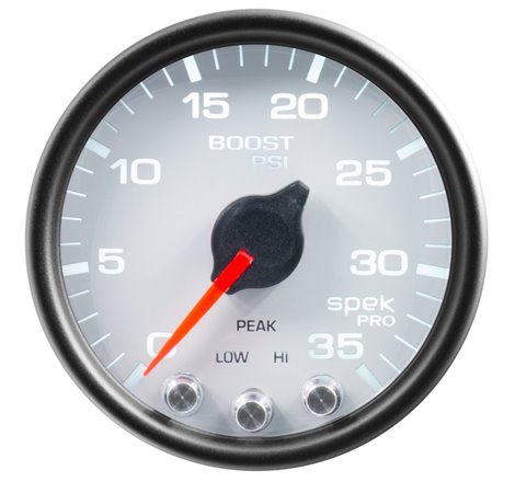 Autometer Spek-Pro Gauge Boost 2 1/16in 35psi Stepper Motor W/Peak & Warn White/Black