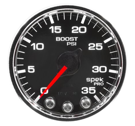 Autometer Spek-Pro Gauge Boost 2 1/16in 35psi Stepper Motor W/Peak & Warn Black/Chrome