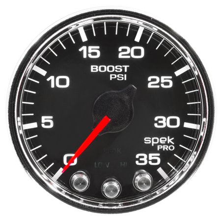 Autometer Spek-Pro Gauge Boost 2 1/16in 35psi Stepper Motor W/Peak & Warn Black/Chrome