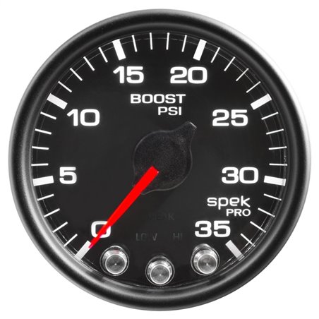 Autometer Spek-Pro Gauge Boost 2 1/16in 35psi Stepper Motor W/Peak & Warn Black/Black