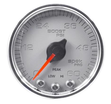 Autometer Spek-Pro Gauge Boost 2 1/16in 60psi Stepper Motor W/Peak & Warn Slvr/Chrm