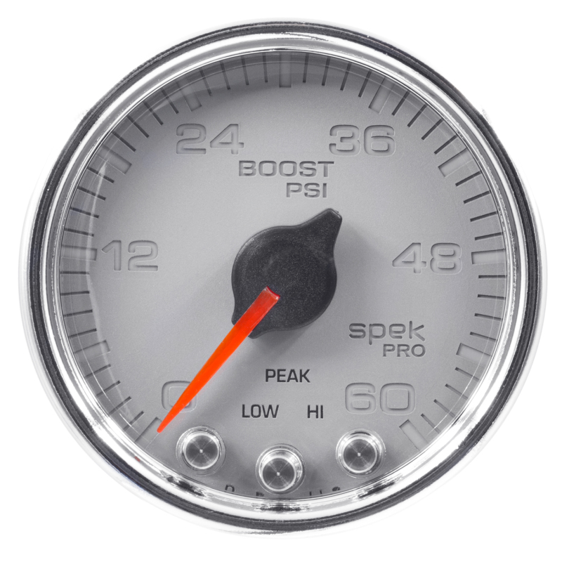 Autometer Spek-Pro Gauge Boost 2 1/16in 60psi Stepper Motor W/Peak & Warn Slvr/Chrm