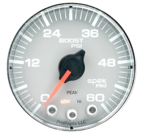 Autometer Spek-Pro Gauge Boost 2 1/16in 60psi Stepper Motor W/Peak & Warn Slvr/Chrm