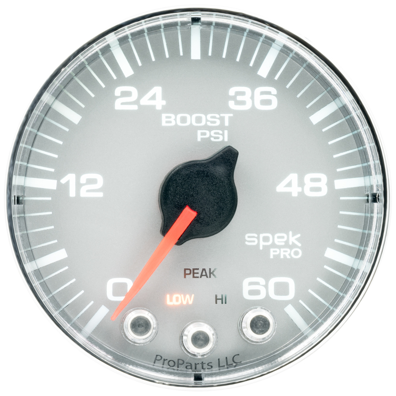 Autometer Spek-Pro Gauge Boost 2 1/16in 60psi Stepper Motor W/Peak & Warn Slvr/Chrm