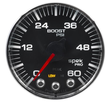 Autometer Spek-Pro Gauge Boost 2 1/16in 60psi Stepper Motor W/Peak & Warn Blk/Chrm