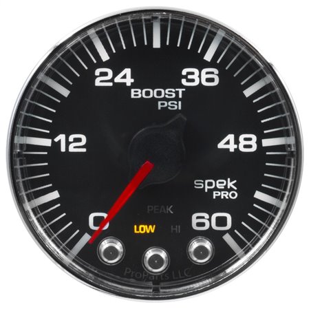 Autometer Spek-Pro Gauge Boost 2 1/16in 60psi Stepper Motor W/Peak & Warn Blk/Chrm