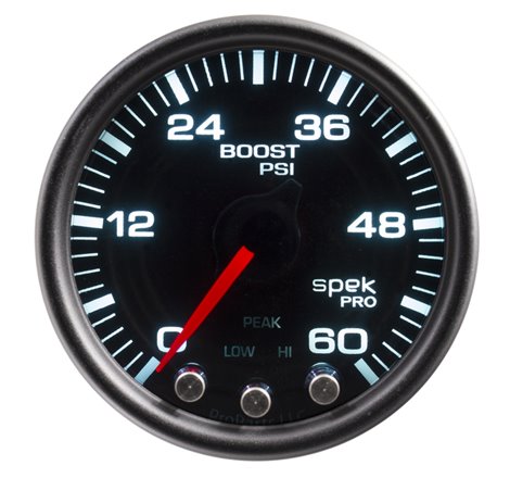 Autometer Spek-Pro Gauge Boost 2 1/16in 60psi Stepper Motor W/Peak & Warn Blk/Smoke/Black