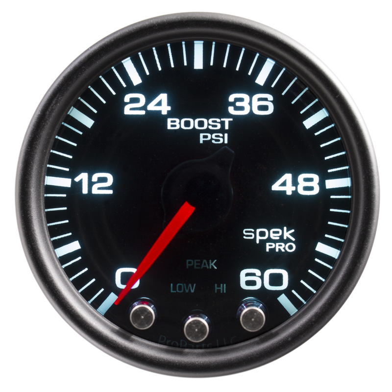 Autometer Spek-Pro Gauge Boost 2 1/16in 60psi Stepper Motor W/Peak & Warn Blk/Smoke/Black