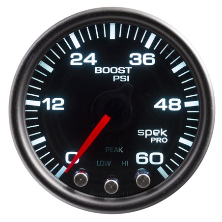 Autometer Spek-Pro Gauge Boost 2 1/16in 60psi Stepper Motor W/Peak & Warn Blk/Smoke/Black