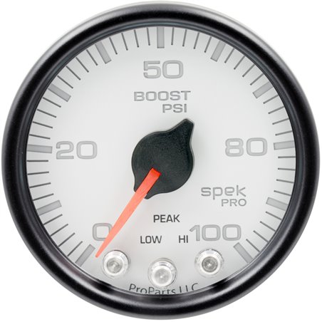 Autometer Spek-Pro Gauge Boost 2 1/16in 100psi Stepper Motor W/Peak & Warn Wht/Blk