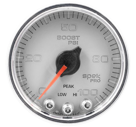 Autometer Spek-Pro Gauge Boost 2 1/16in 100psi Stepper Motor W/Peak & Warn Slvr/Chrm