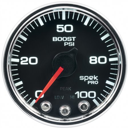 Autometer Spek-Pro Gauge Boost 2 1/16in 100psi Stepper Motor W/Peak & Warn Blk/Chrm