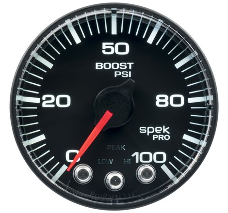 Autometer Spek-Pro Gauge Boost 2 1/16in 100psi Stepper Motor W/Peak & Warn Blk/Blk