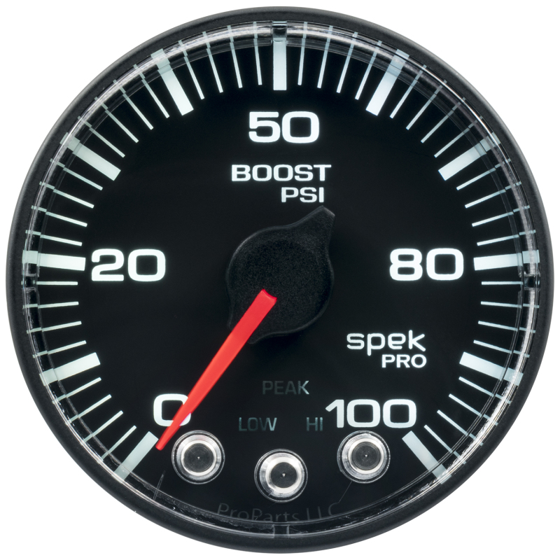 Autometer Spek-Pro Gauge Boost 2 1/16in 100psi Stepper Motor W/Peak & Warn Blk/Blk