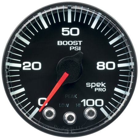 Autometer Spek-Pro Gauge Boost 2 1/16in 100psi Stepper Motor W/Peak & Warn Blk/Blk