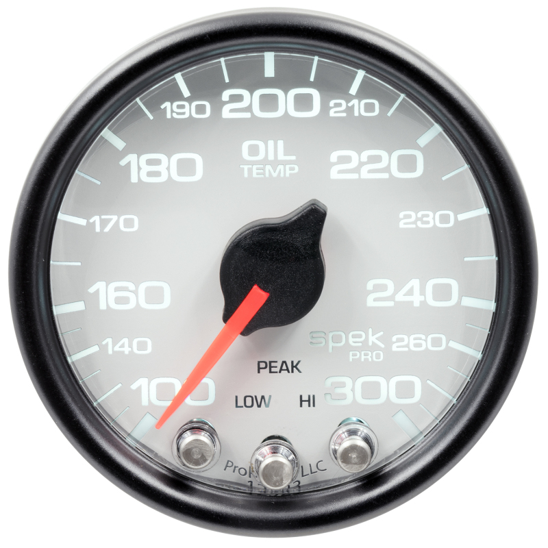 Autometer Spek-Pro Gauge Oil Temp 2 1/16in 300f Stepper Motor W/Peak & Warn Wht/Blk